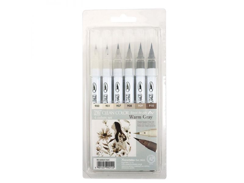 Zig Clean Color Real Brush Marker Fırça Uçlu Kalem 6 Renk Warm Grey Set 